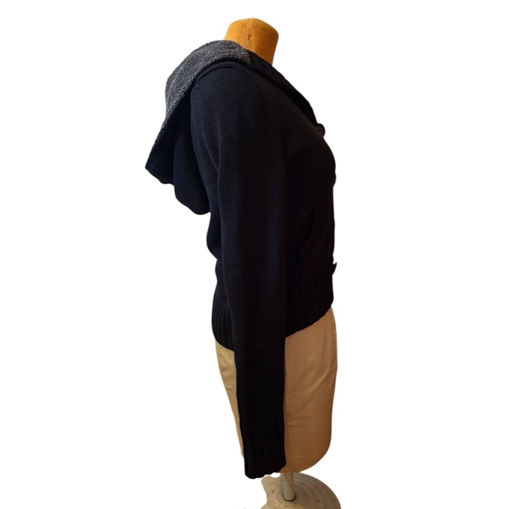 Kirra Black Zip-Up Hooded Knit Sweater Jacket w Gray Sherpa Trim L large comfy